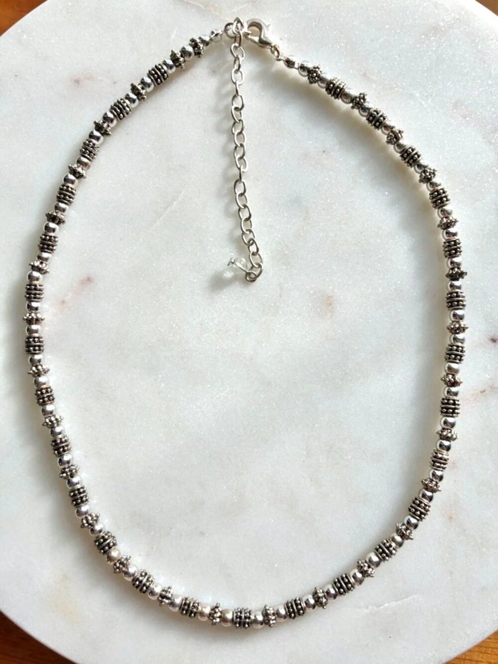 Bali Style Oxidized Silver-Tone Ornate Beaded Choker Necklace Boho